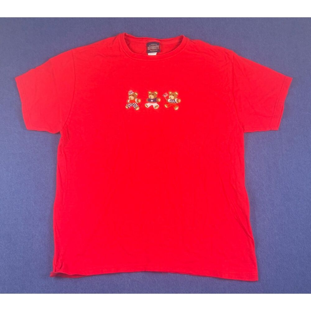 Vintage Classic Old Varsity Teddy Bear USA Patriotic Embroidered Red T-Shirt XL